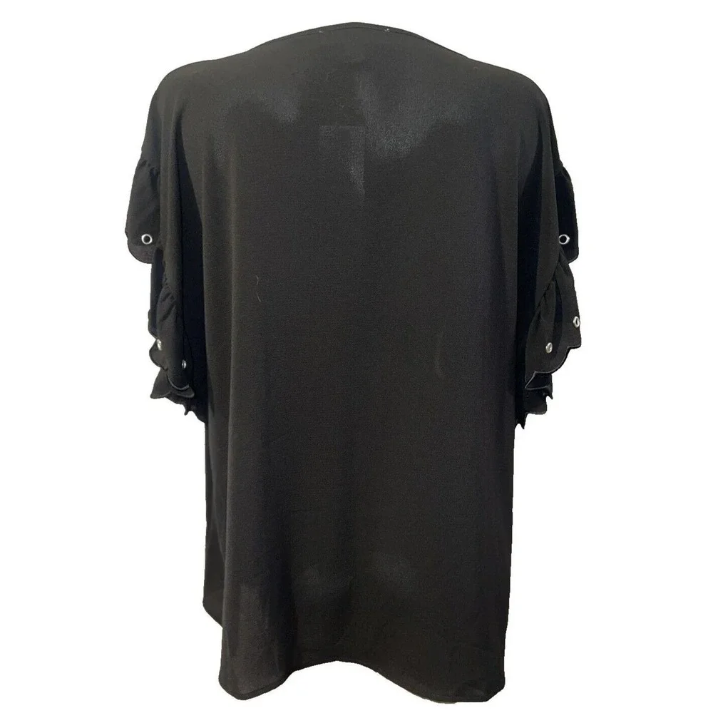 Michael Kors Black Ruffle Grommet Sleeve Blouse Scoop Neck Plus Size 1X NEW